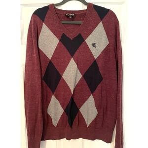 Express Sweater Mens X-Large Maroon Black Gray Argyle Diamond V-Neck Y2K Logo